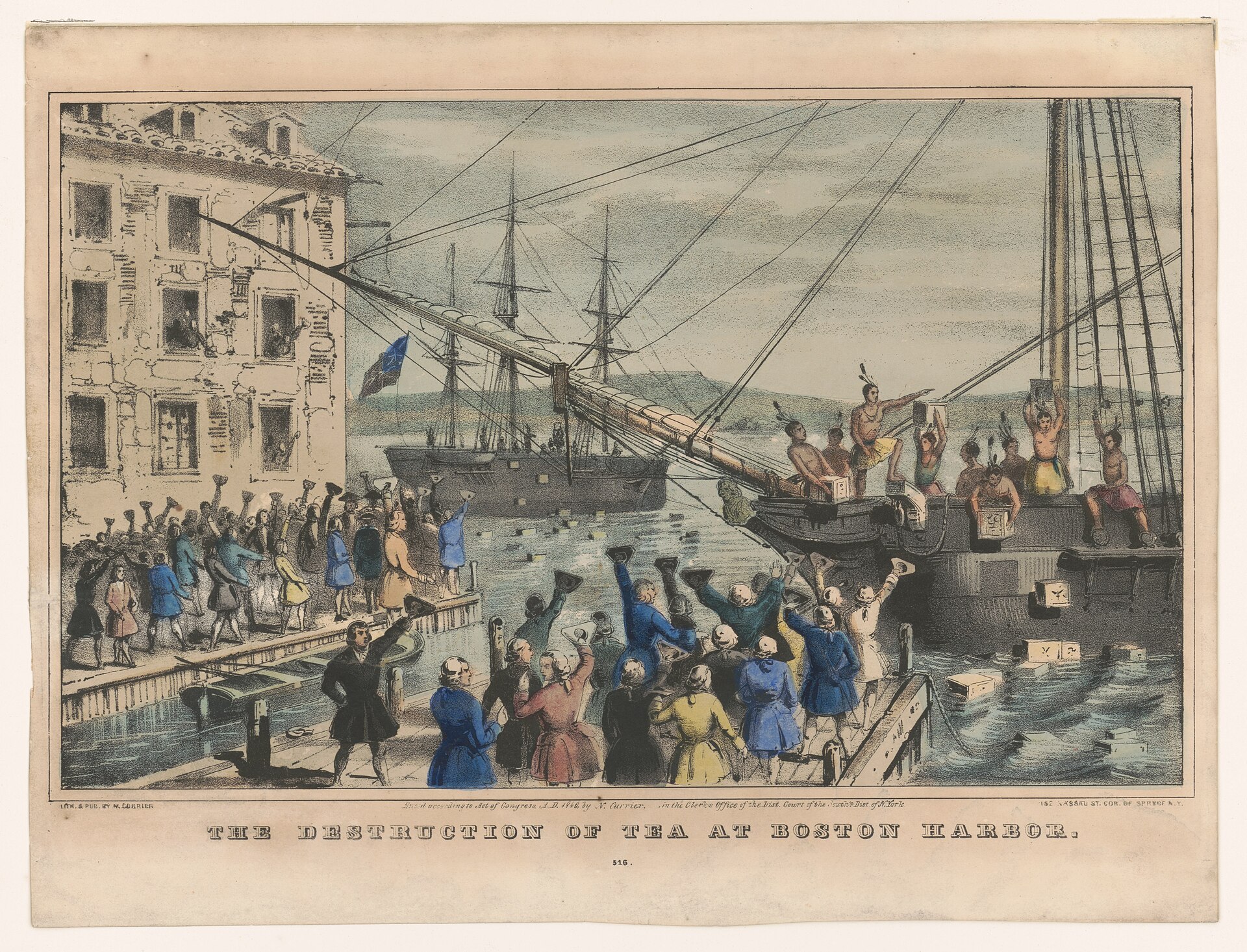 The Destruction of Tea at Boston Harbor, lithograph by Nathaniel Currier, 1846