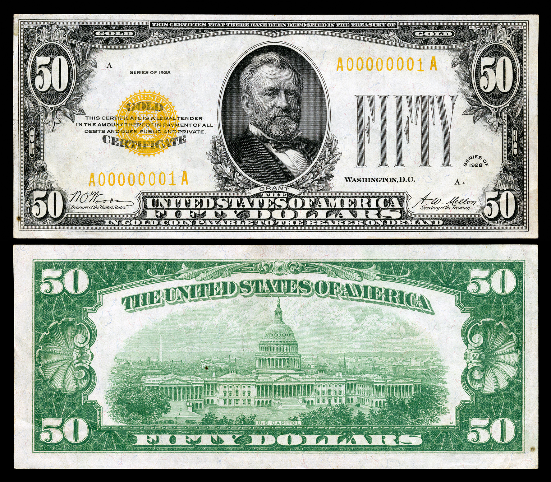 A U.S. fifty-dollar gold certificate (1928) — "fifty dollars in gold coin, payable to the bearer on demand"