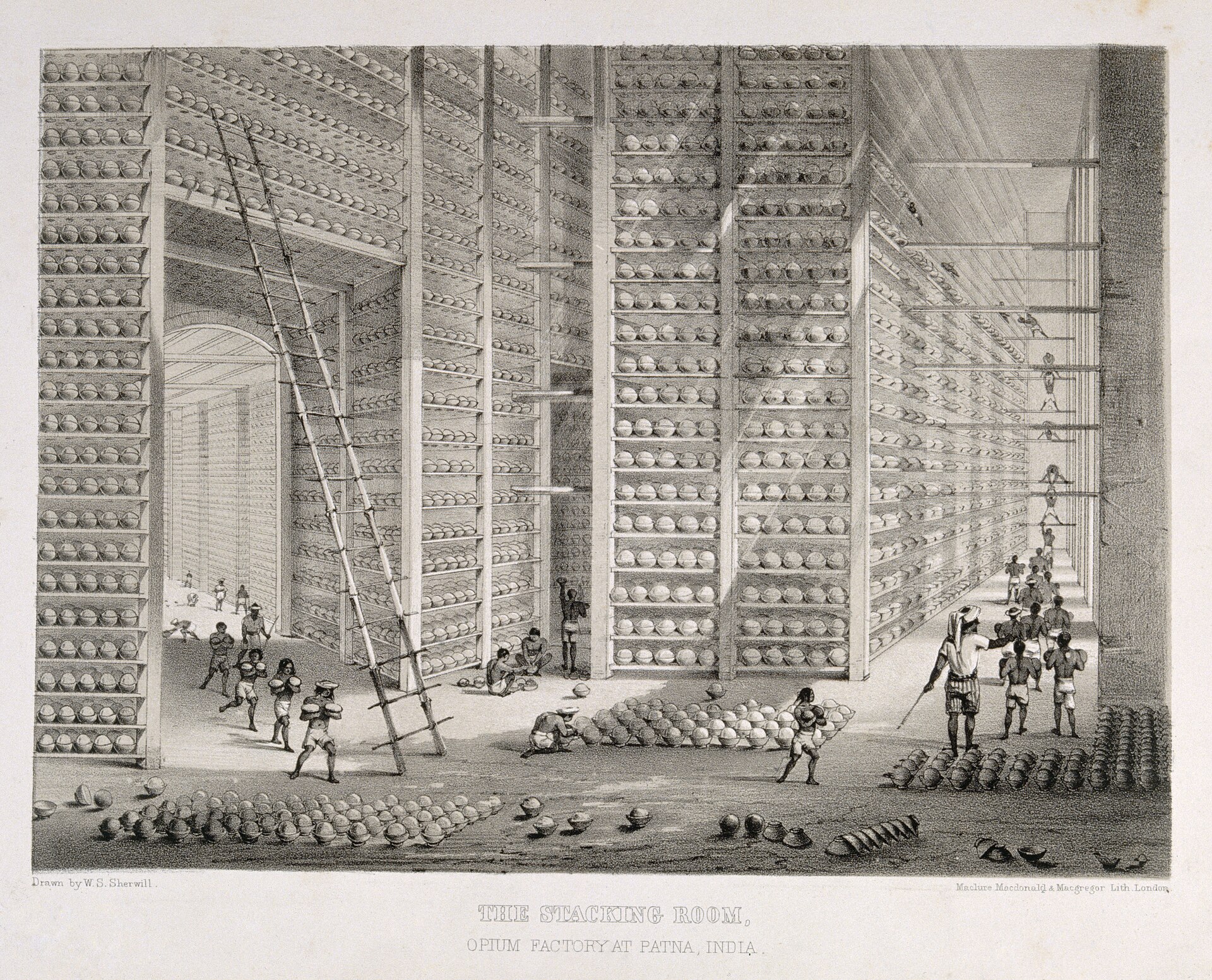 The stacking room of the opium factory in Patna, lithograph after W. S. Sherwill