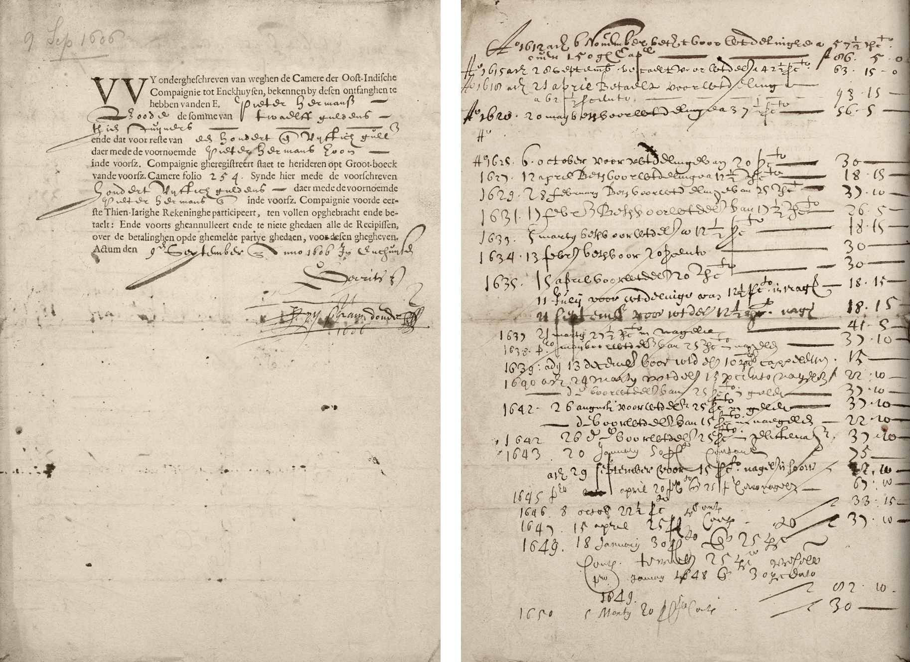 The oldest surviving VOC share from September 9, 1606, Enkhuizen chamber