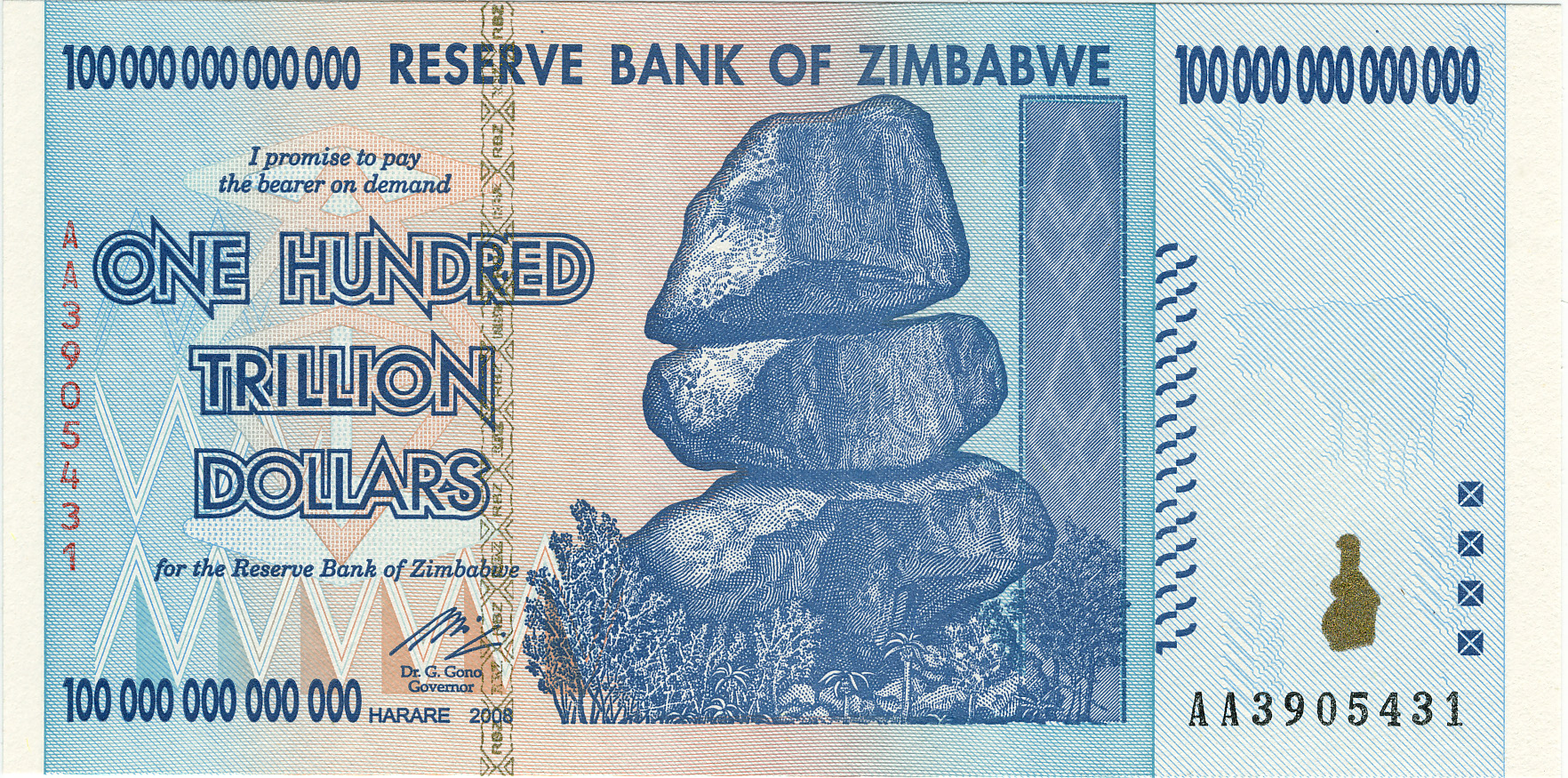 A Zimbabwean 100-trillion-dollar banknote (2009) — the highest denomination of the 21st century